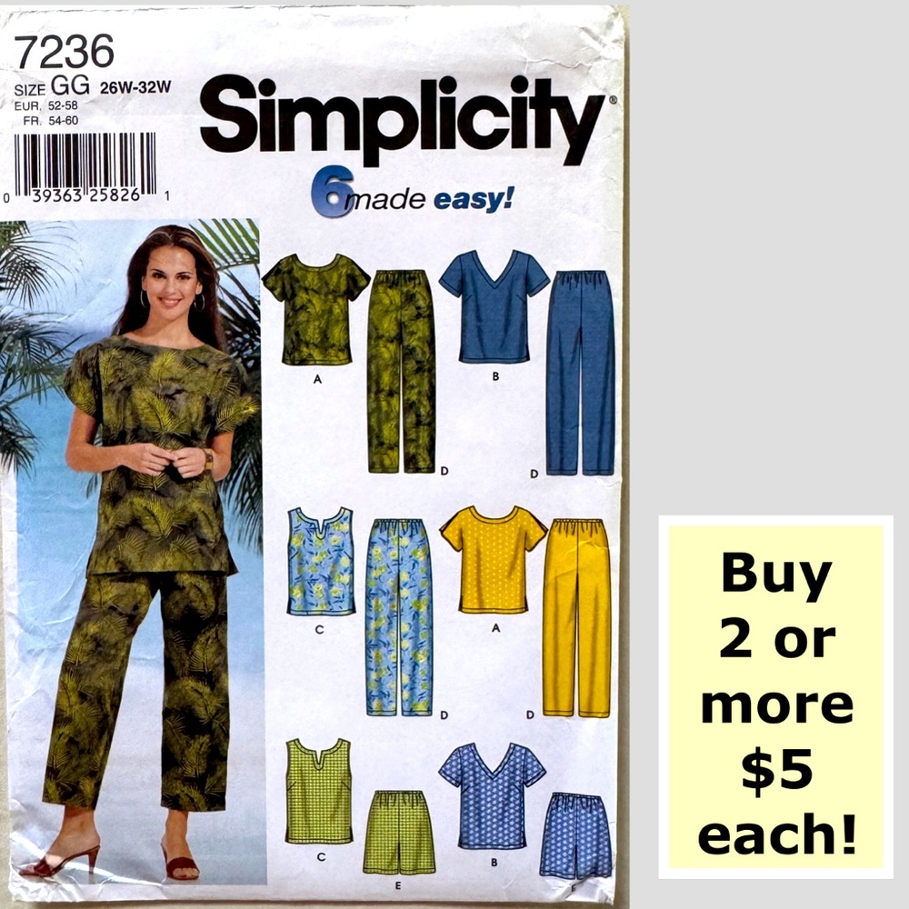 Simplicity 7236 Tops, Pants or Shorts Sewing Pattern Uncut (26W - 32W)